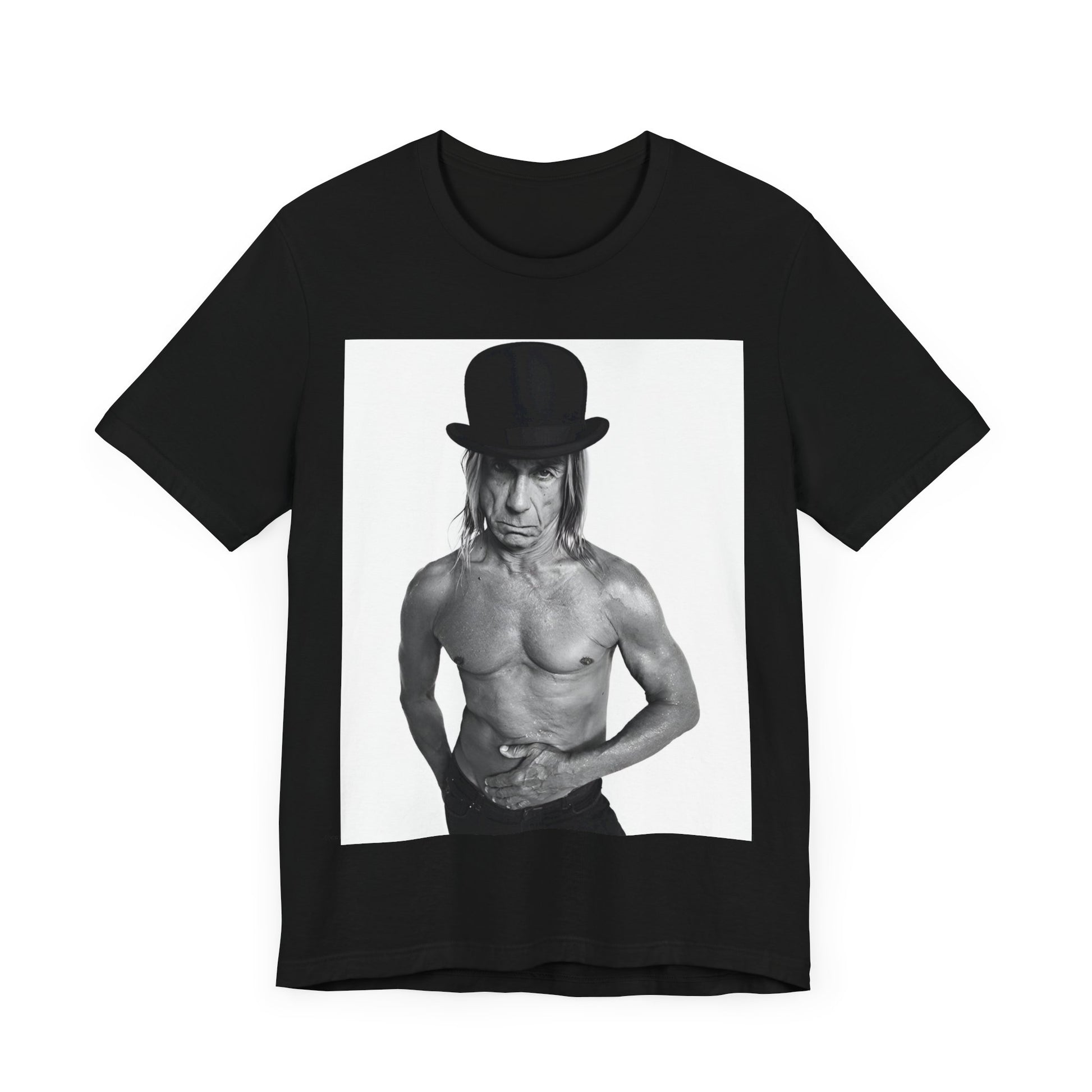 A black graphic t-shirt featuring a black and white photo of Iggy Pop wearing a hat.