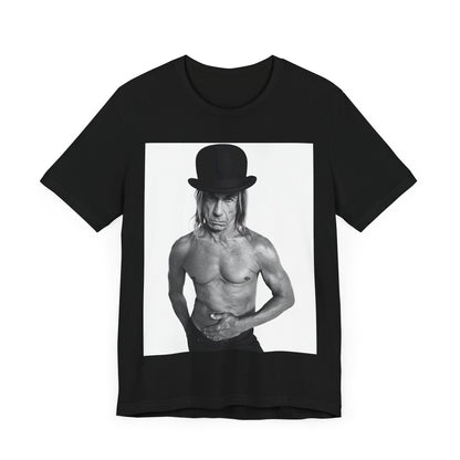 A black graphic t-shirt featuring a black and white photo of Iggy Pop wearing a hat.