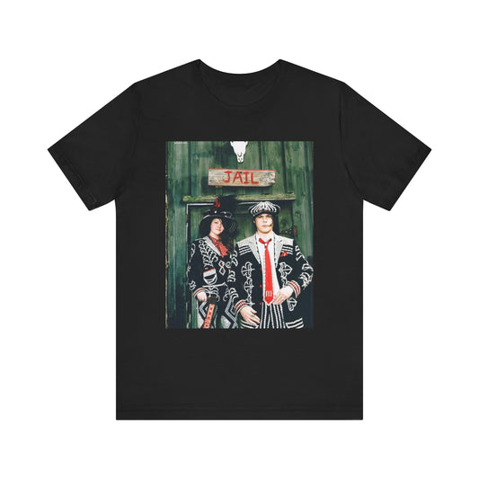 A black graphic t-shirt featuring a graphic of Jack and Meg White from The White Stripes.