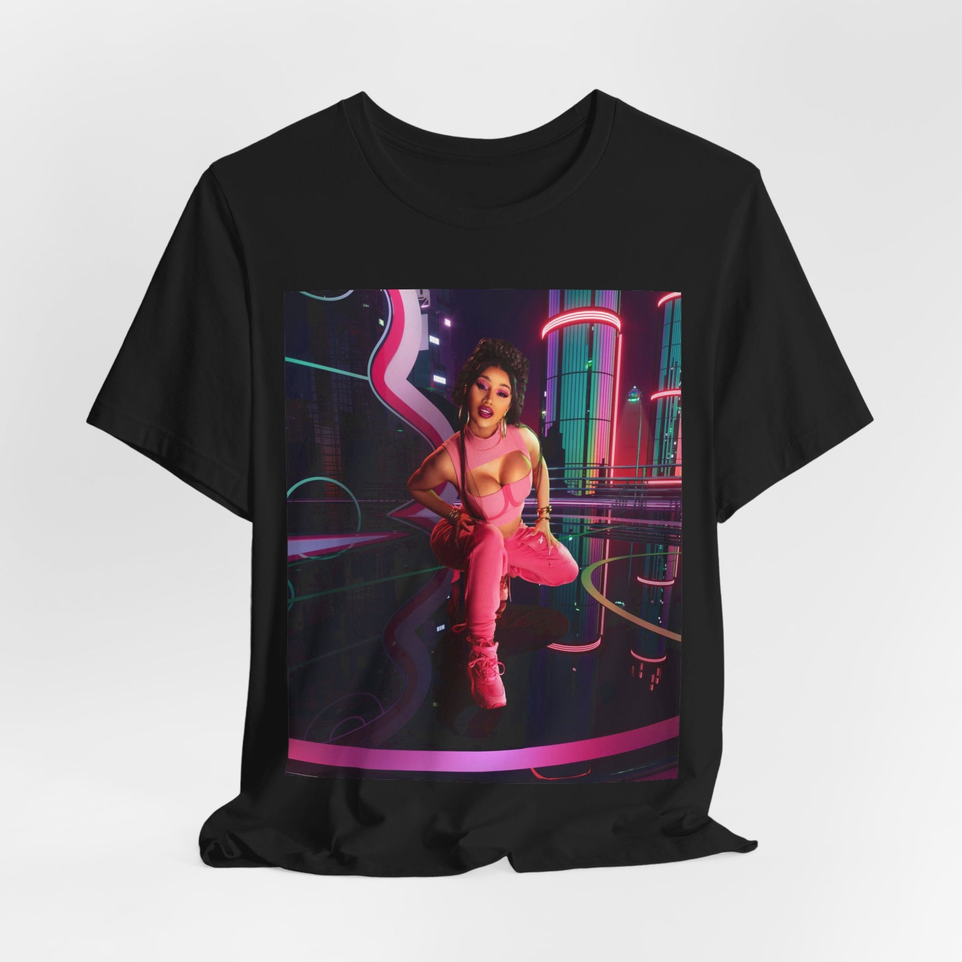 A black graphic t-shirt featuring a graphic related to Cardi B's "WAP" song or era.