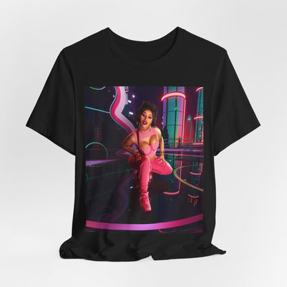 A black graphic t-shirt featuring a graphic related to Cardi B's "WAP" song or era.