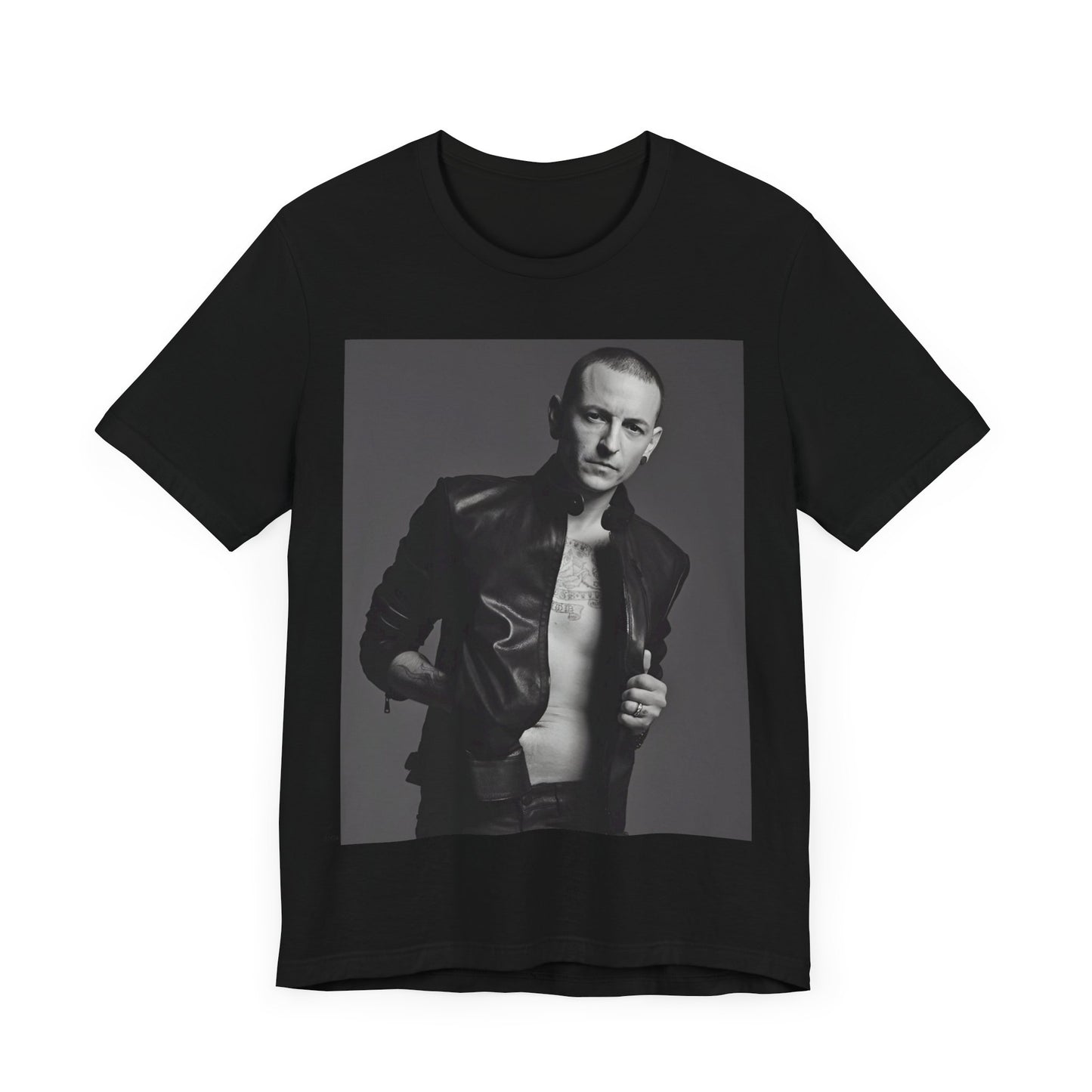 A black graphic t-shirt featuring a graphic of Chester Bennington from Linkin Park as a rock icon.
