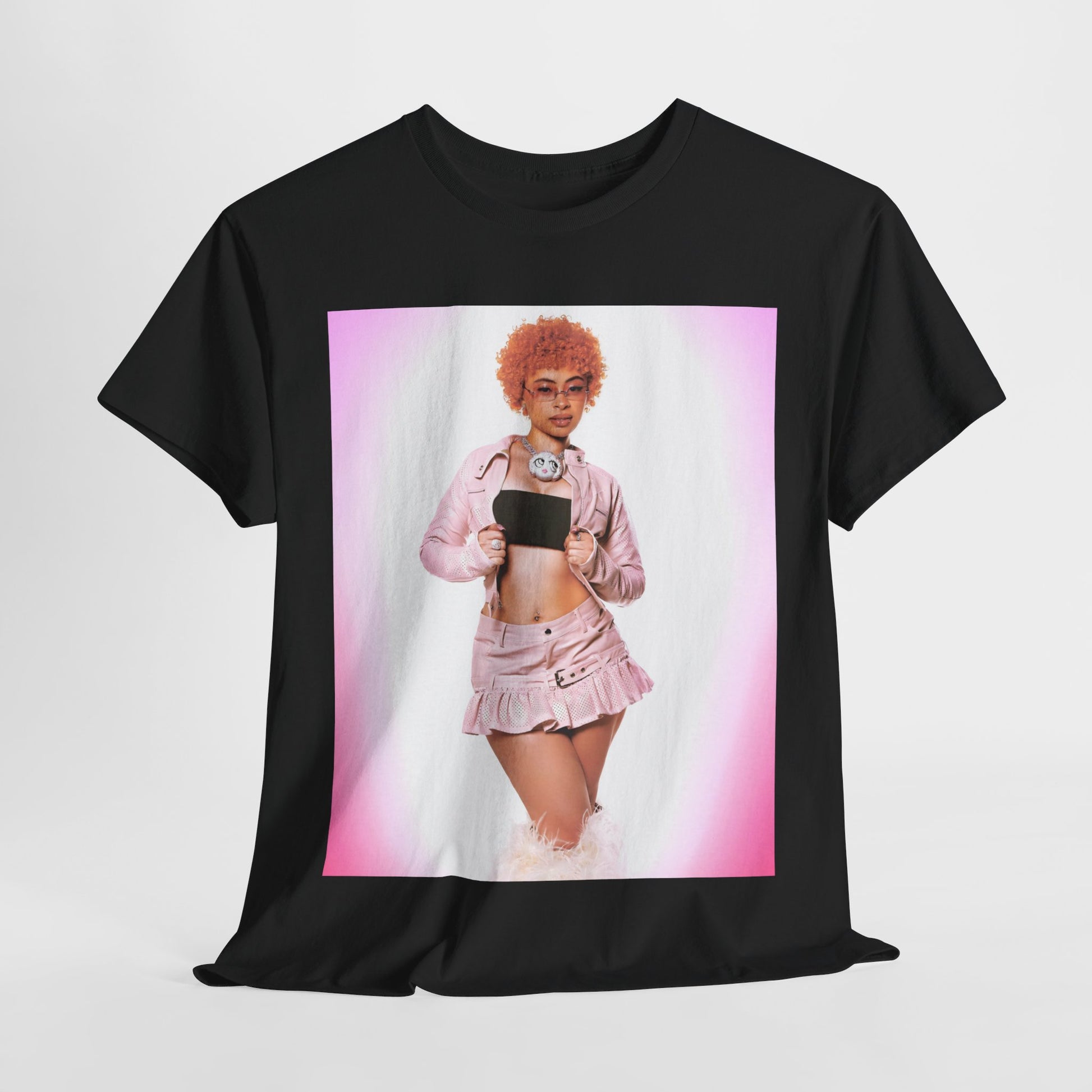 A black graphic t-shirt featuring a graphic of Ice Spice with prominent neon pink aesthetic elements.