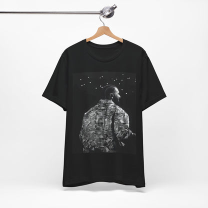 A black graphic t-shirt featuring a black and white graphic or photo of Drake performing live on stage.