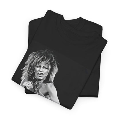 A black graphic t-shirt featuring a graphic of Tina Turner as an inspiring legend.