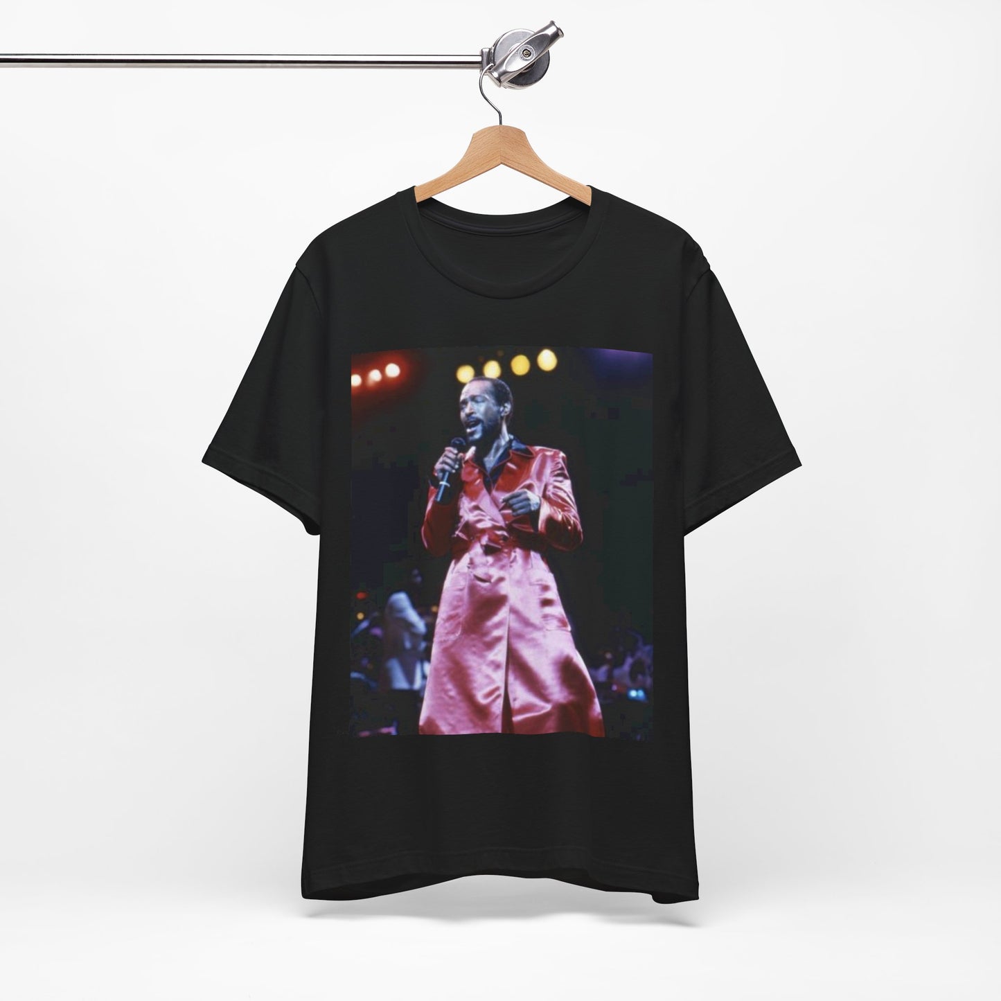 A black graphic t-shirt featuring a vintage graphic or photo of Marvin Gaye performing live.