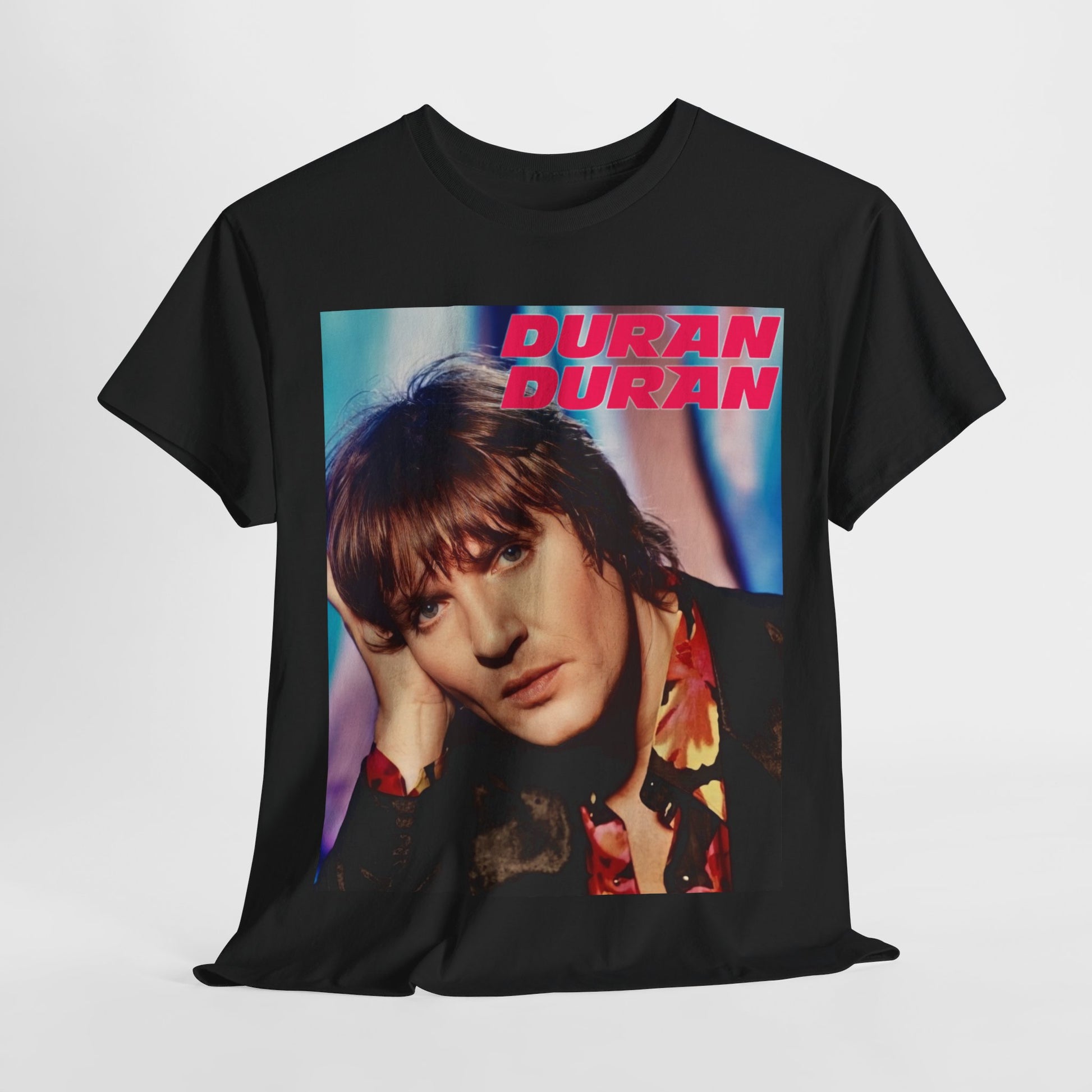 A black graphic t-shirt featuring a bold 80s pop icons graphic of Duran Duran.