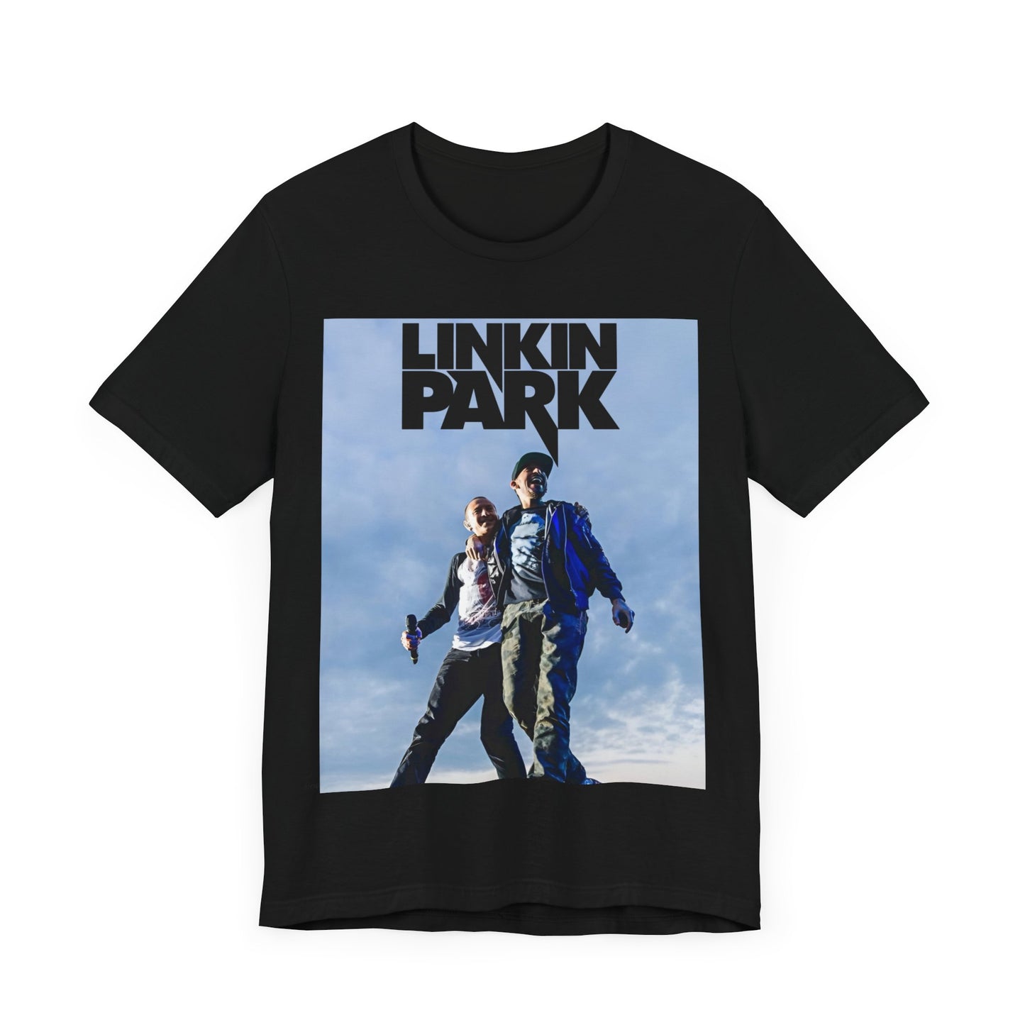A black graphic t-shirt featuring a retro graphic related to Linkin Park's 'Hybrid Theory' album era.