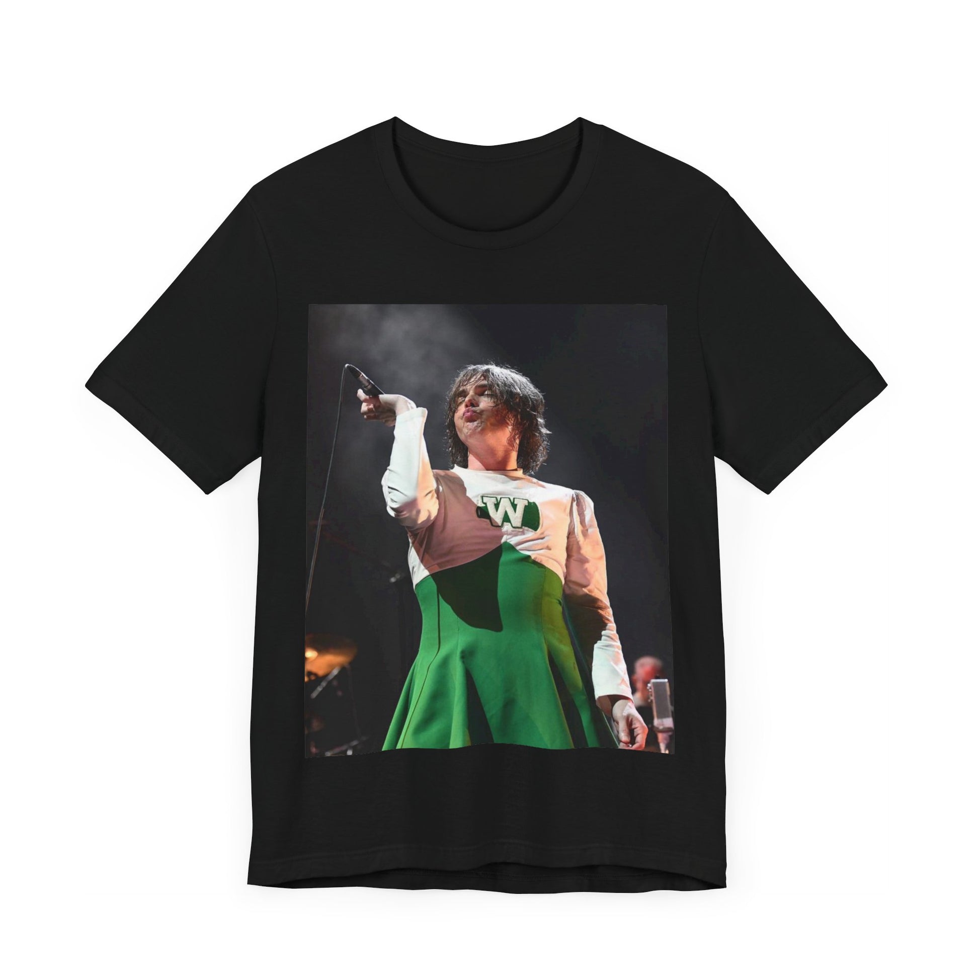 A black graphic t-shirt featuring a photo of My Chemical Romance, possibly with a cheerleader theme.