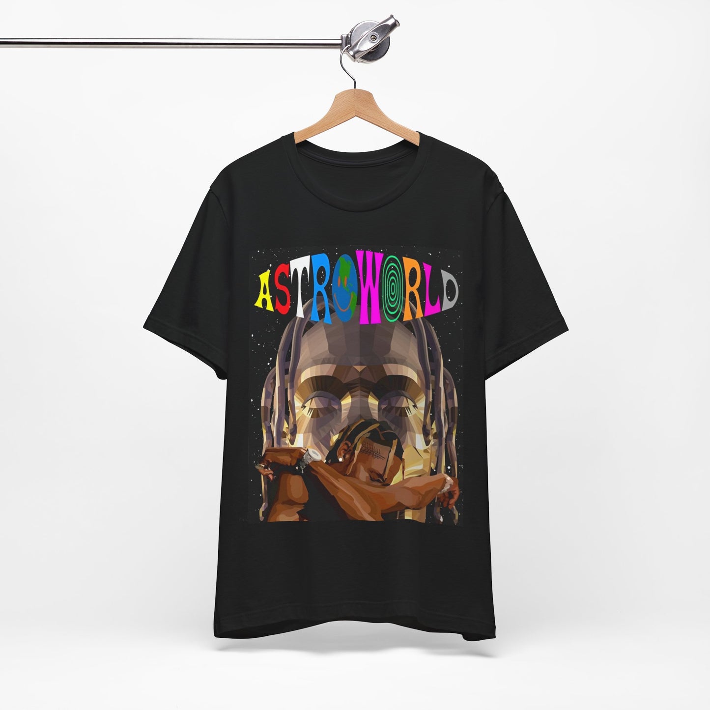 A black graphic t-shirt featuring a graphic related to Travis Scott's Astroworld album era.