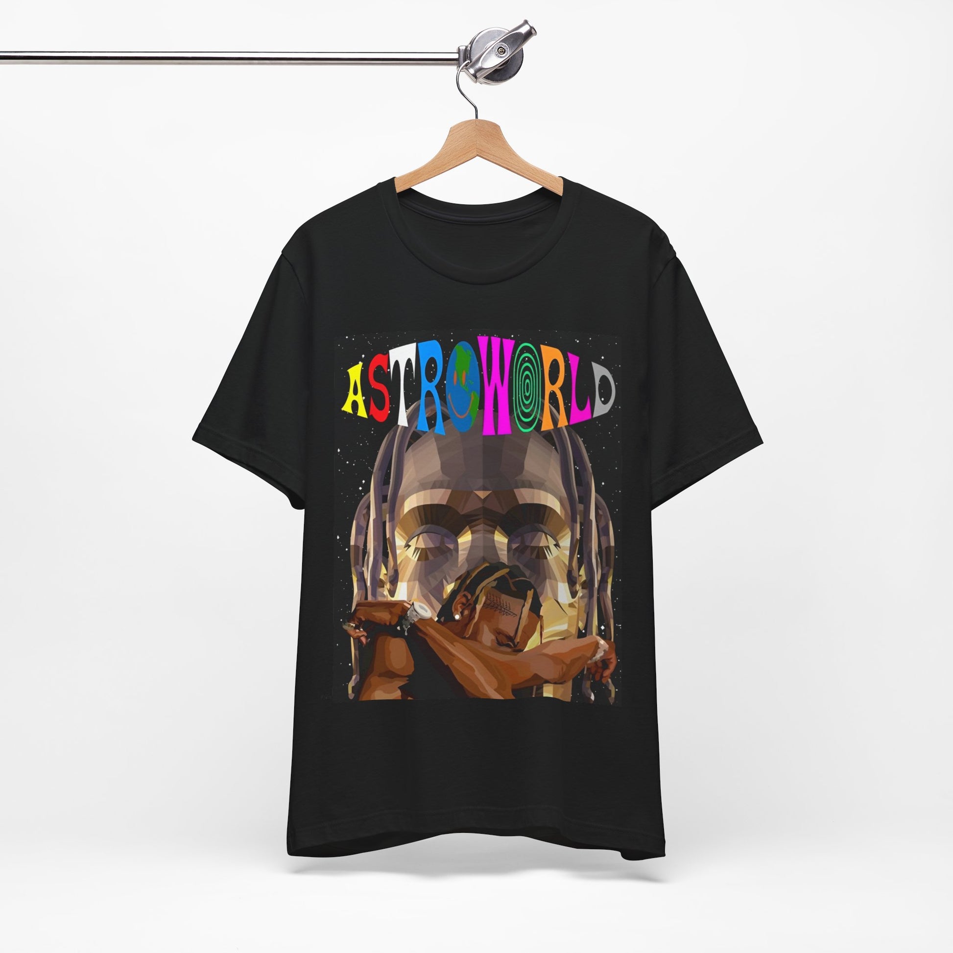 A black graphic t-shirt featuring a graphic related to Travis Scott's Astroworld album era.