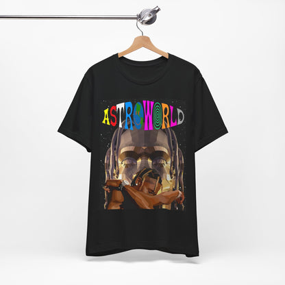 A black graphic t-shirt featuring a graphic related to Travis Scott's Astroworld album era.
