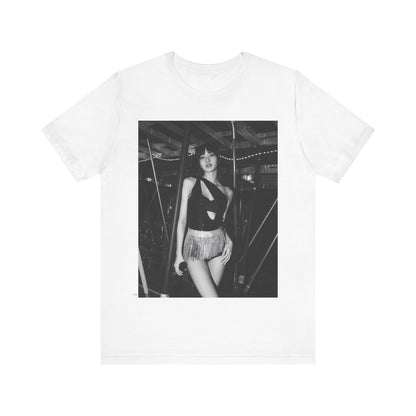 A black graphic t-shirt featuring a black and white graphic or photo of Lisa in a backstage setting.