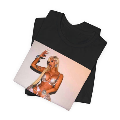 A black graphic t-shirt featuring a vintage graphic of Cardi B as a 'Bronx Queen' or rap icon.