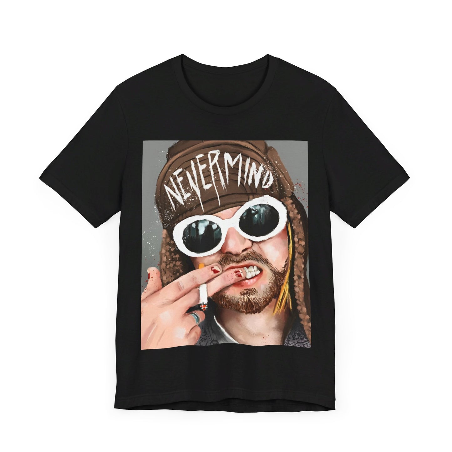A black graphic t-shirt featuring a graphic related to Nirvana's 'Nevermind' album era.