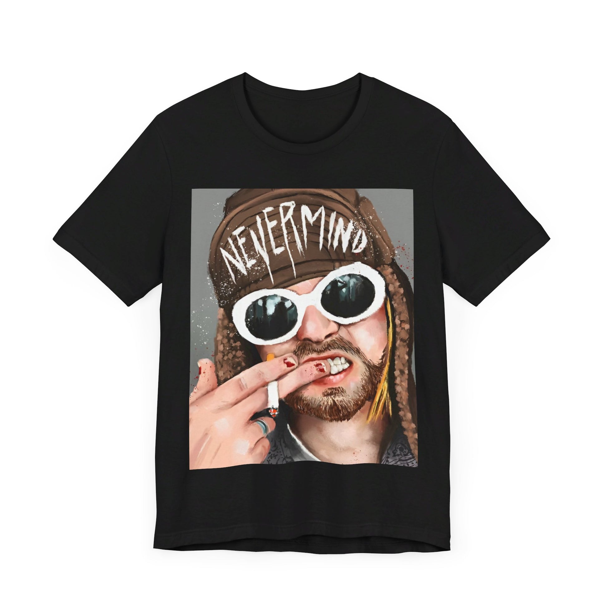 A black graphic t-shirt featuring a graphic related to Nirvana's 'Nevermind' album era.