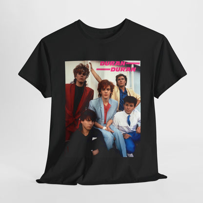 A black graphic t-shirt featuring a graphic of Duran Duran as 80s new wave pioneers.