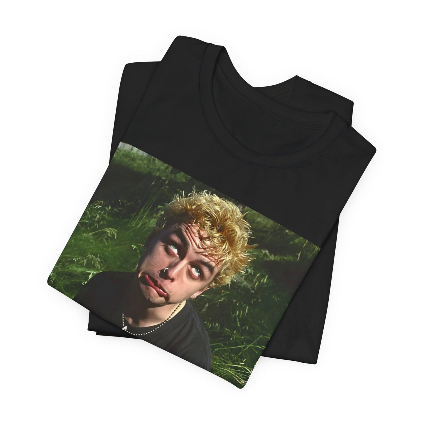 A black graphic t-shirt featuring a 90s graphic of Billie Joe Armstrong from Green Day.