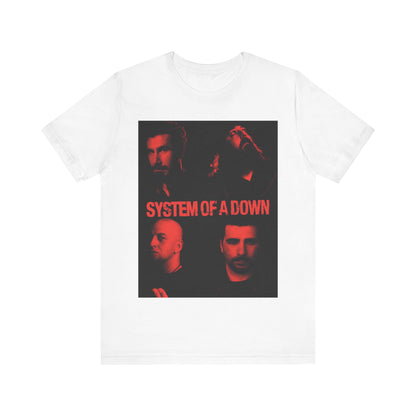 A black graphic t-shirt featuring a modern metal essential graphic of System of a Down.