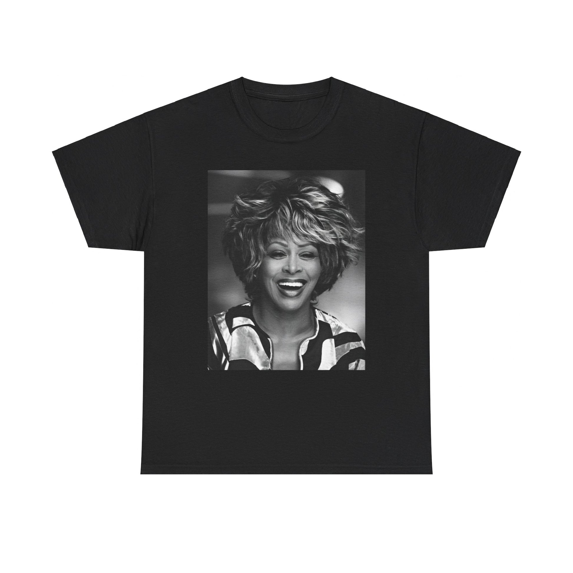 A black graphic t-shirt featuring a classic 80s pop aesthetic graphic of Tina Turner.
