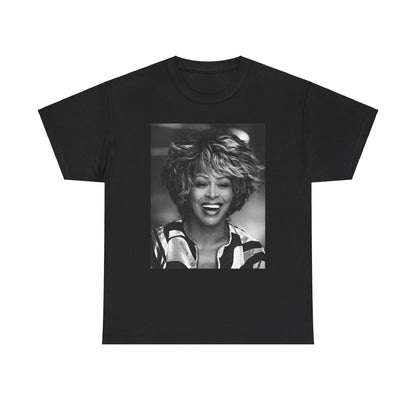 A black graphic t-shirt featuring a classic 80s pop aesthetic graphic of Tina Turner.