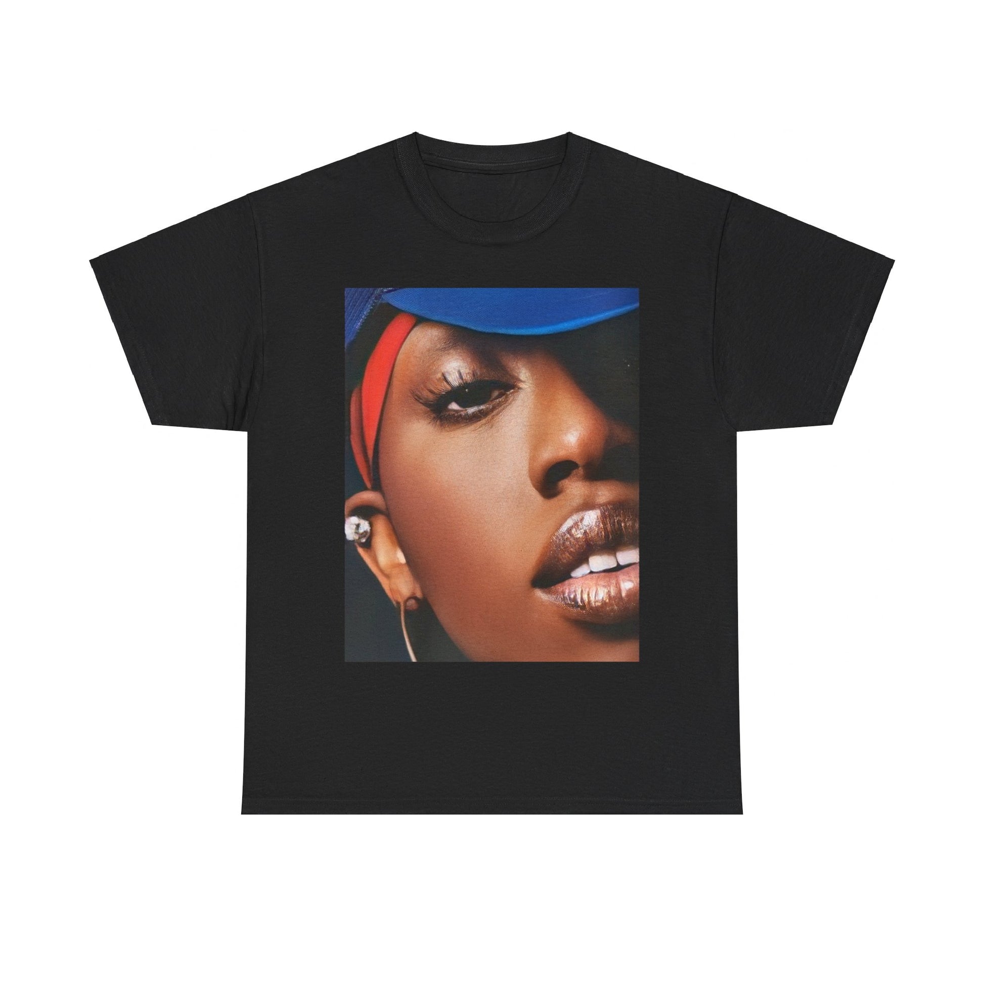 A black graphic t-shirt featuring a graphic of Missy Elliott as a creative genius in hip hop.