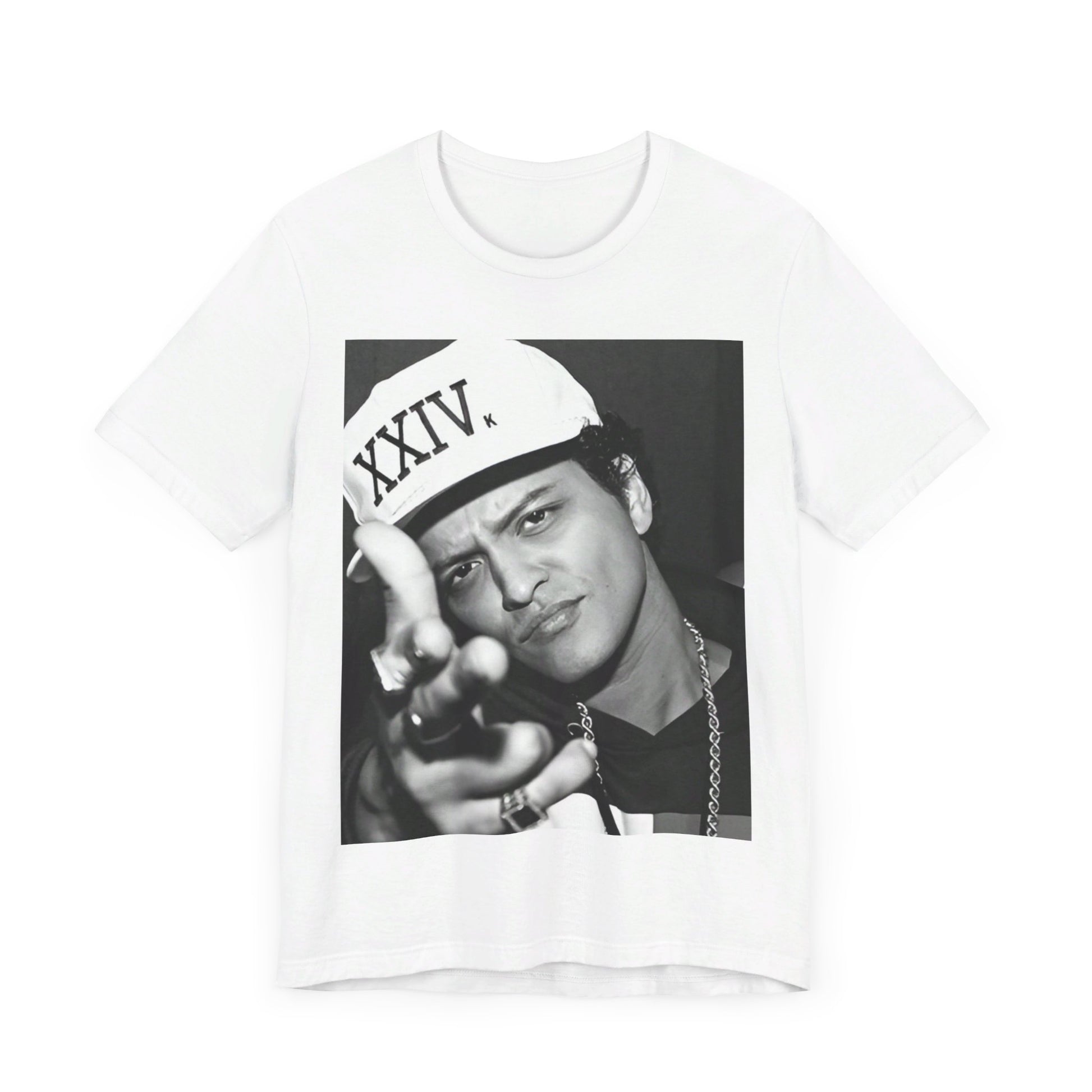 A black graphic t-shirt featuring a black and white photo of Bruno Mars, likely from his '24K Magic' (XXIV) era.