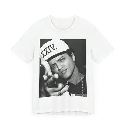 A black graphic t-shirt featuring a black and white photo of Bruno Mars, likely from his '24K Magic' (XXIV) era.
