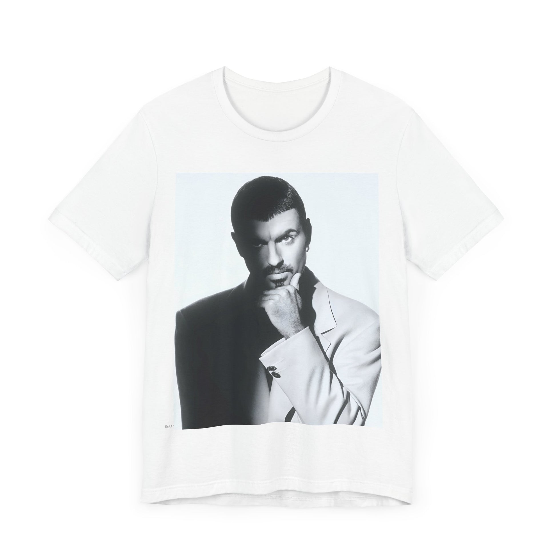 A black graphic t-shirt featuring a 90s aesthetic graphic of George Michael.