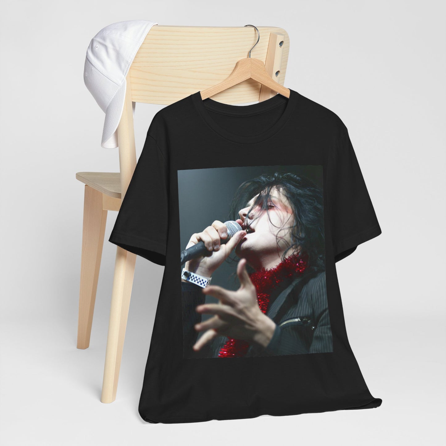 A black graphic t-shirt featuring an emo graphic of Gerard Way from My Chemical Romance.