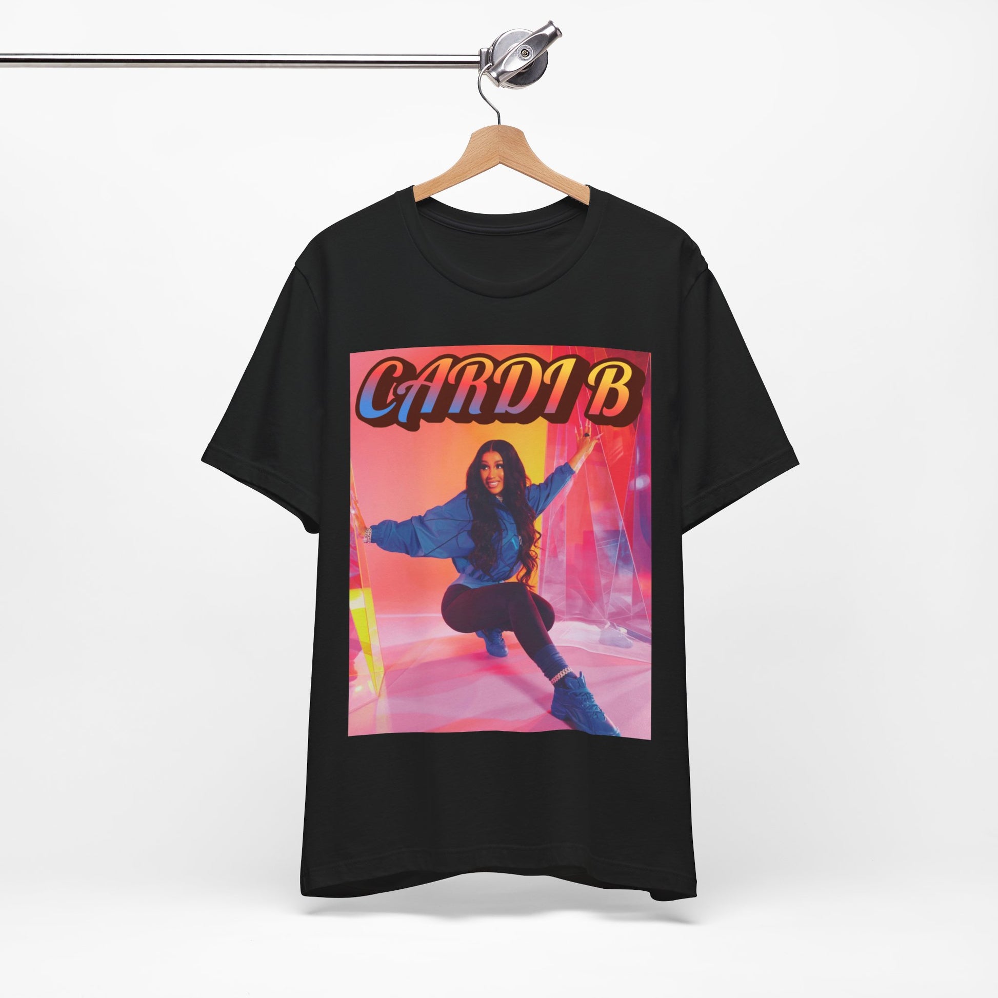 A black graphic t-shirt featuring a graphic of Cardi B, designed with a rap aesthetic.