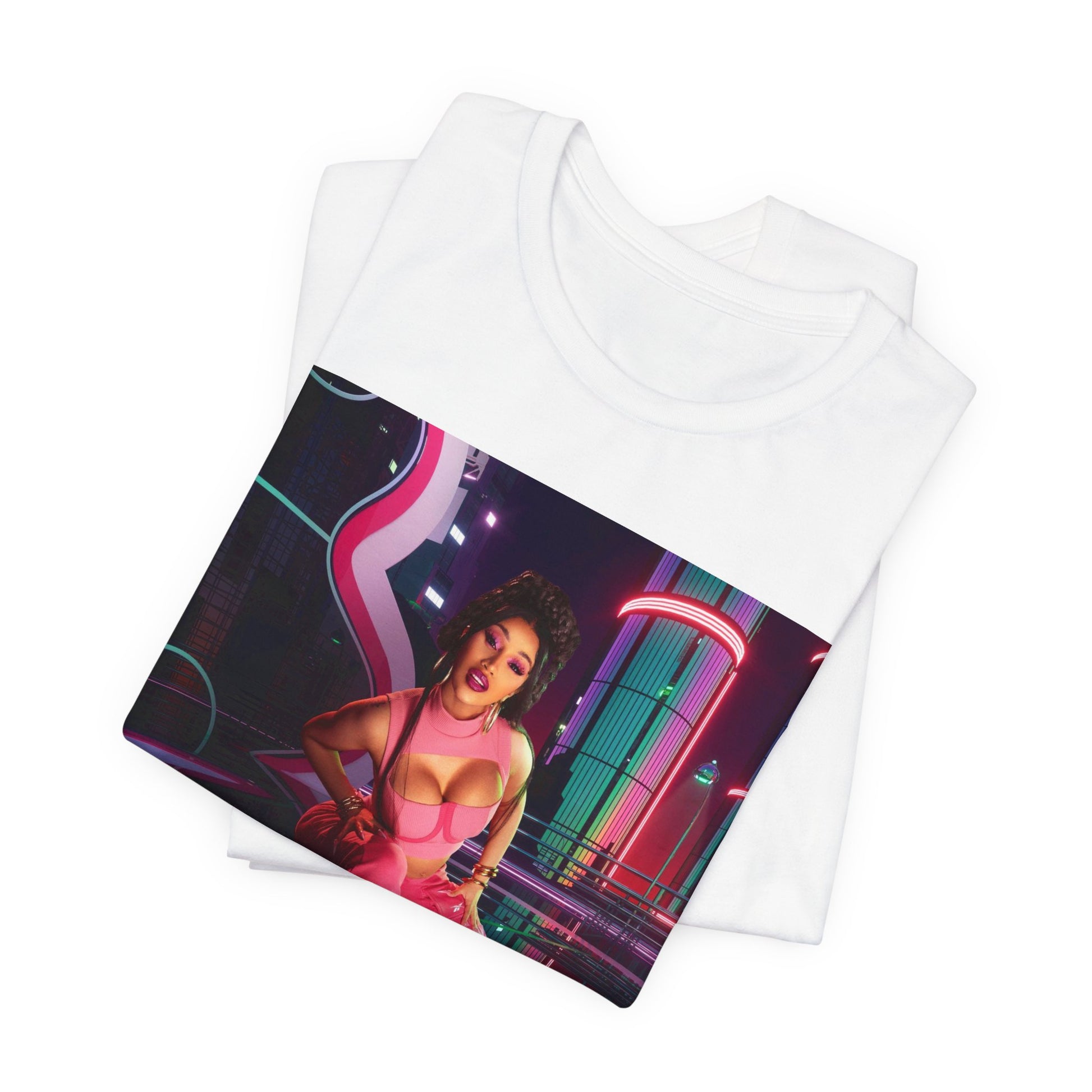 A black graphic t-shirt featuring a graphic related to Cardi B's "WAP" song or era.
