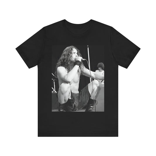 A black graphic t-shirt featuring a photo of Chris Cornell performing live on stage in 1994.