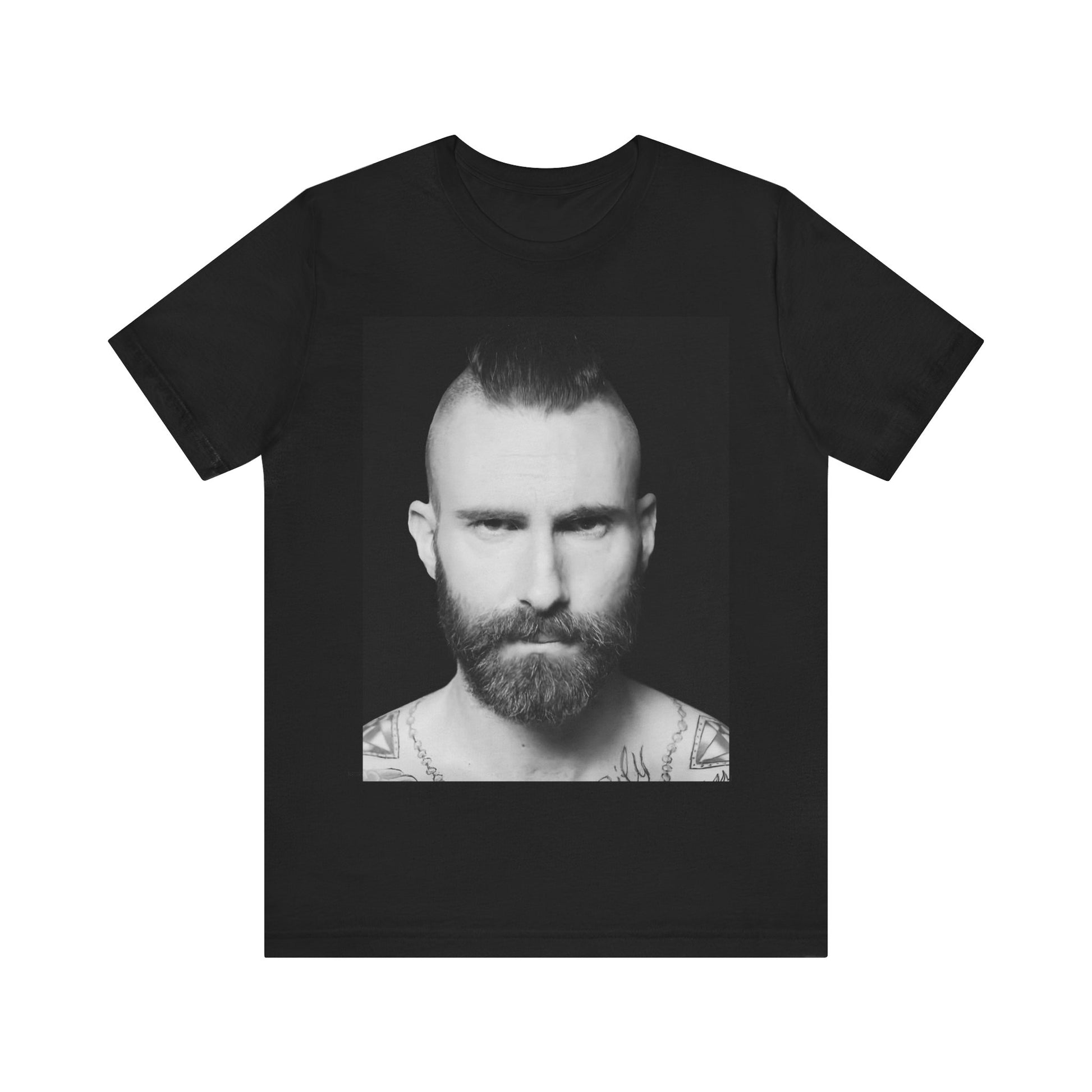 A sharp, polished studio portrait of Maroon 5 frontman Adam Levine, printed on a graphic t-shirt.