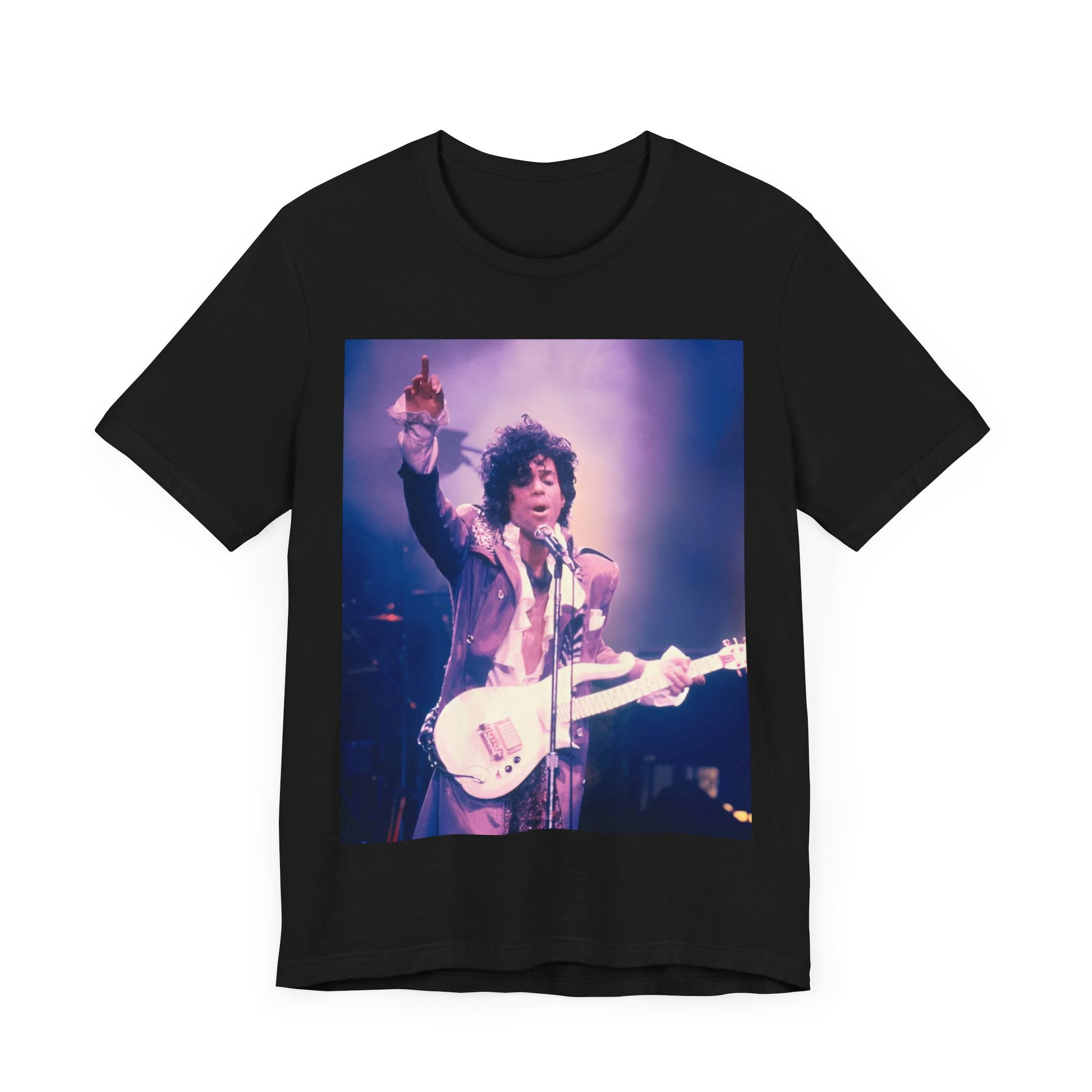 A black graphic t-shirt featuring a boxy graphic with a 'Purple Rain' vibe related to Prince.