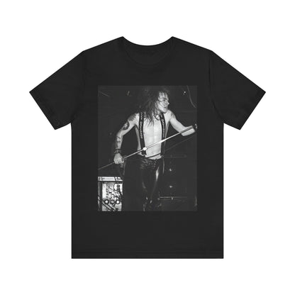 A black graphic t-shirt featuring a graphic of Axl Rose from Guns N' Roses from the 80s as the frontman.