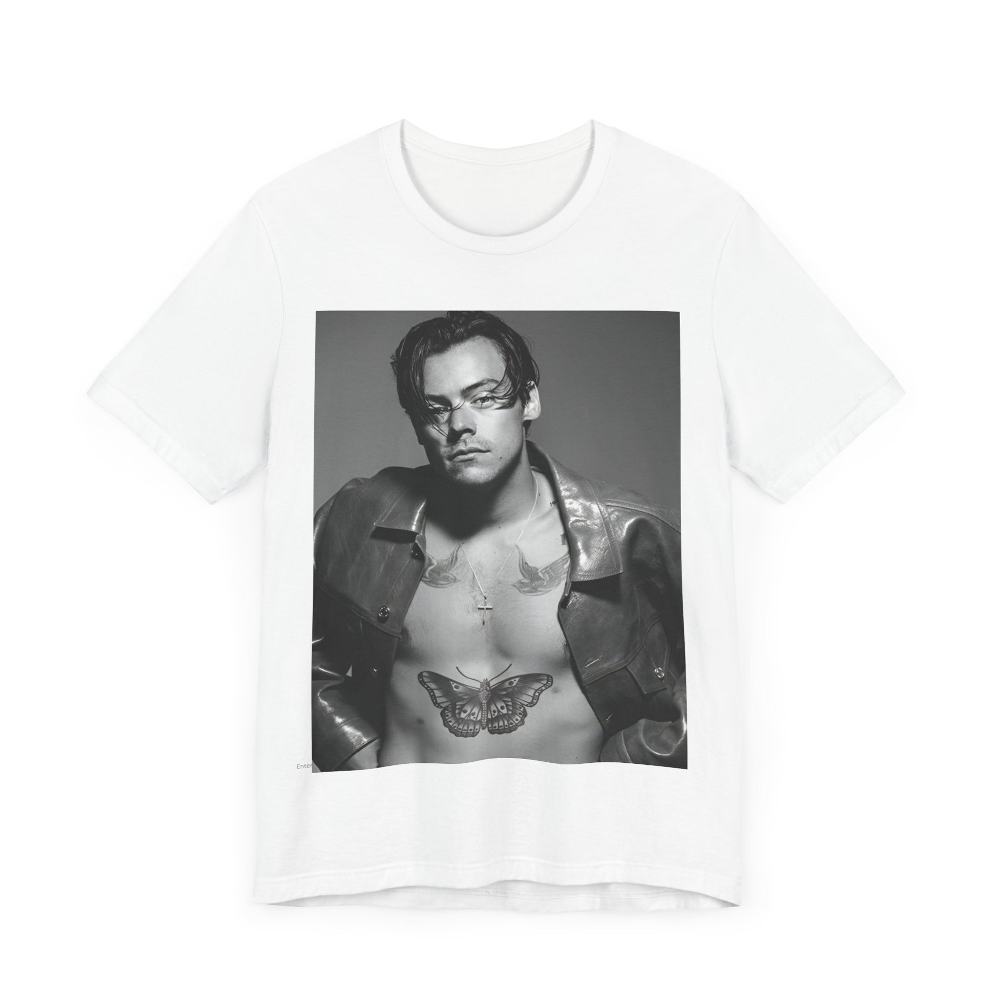 A black graphic t-shirt featuring a black and white portrait photo of Harry Styles.