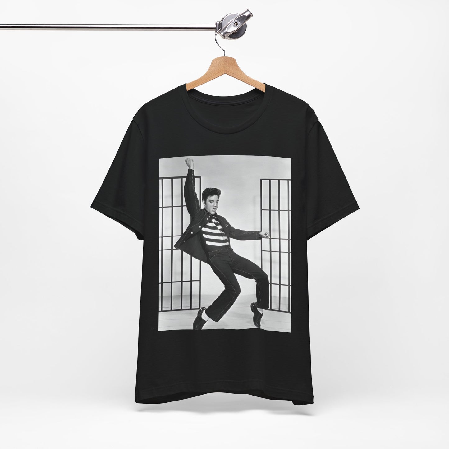 A black graphic t-shirt featuring a graphic related to Elvis Presley's 'Jailhouse Rock' song.