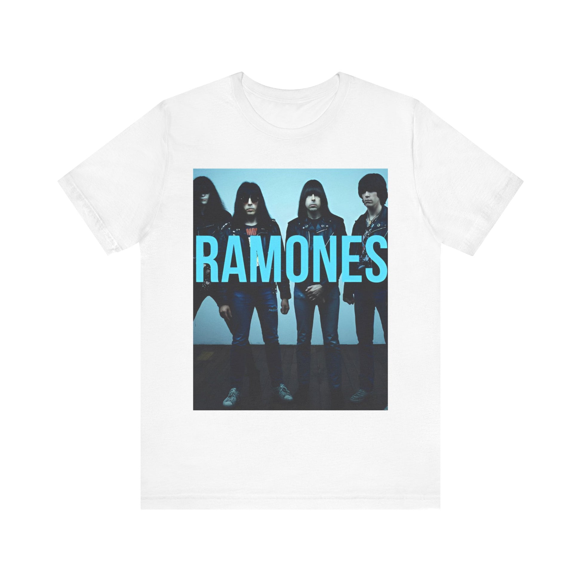 A black graphic t-shirt featuring the album cover art for Ramones' self-titled debut album.