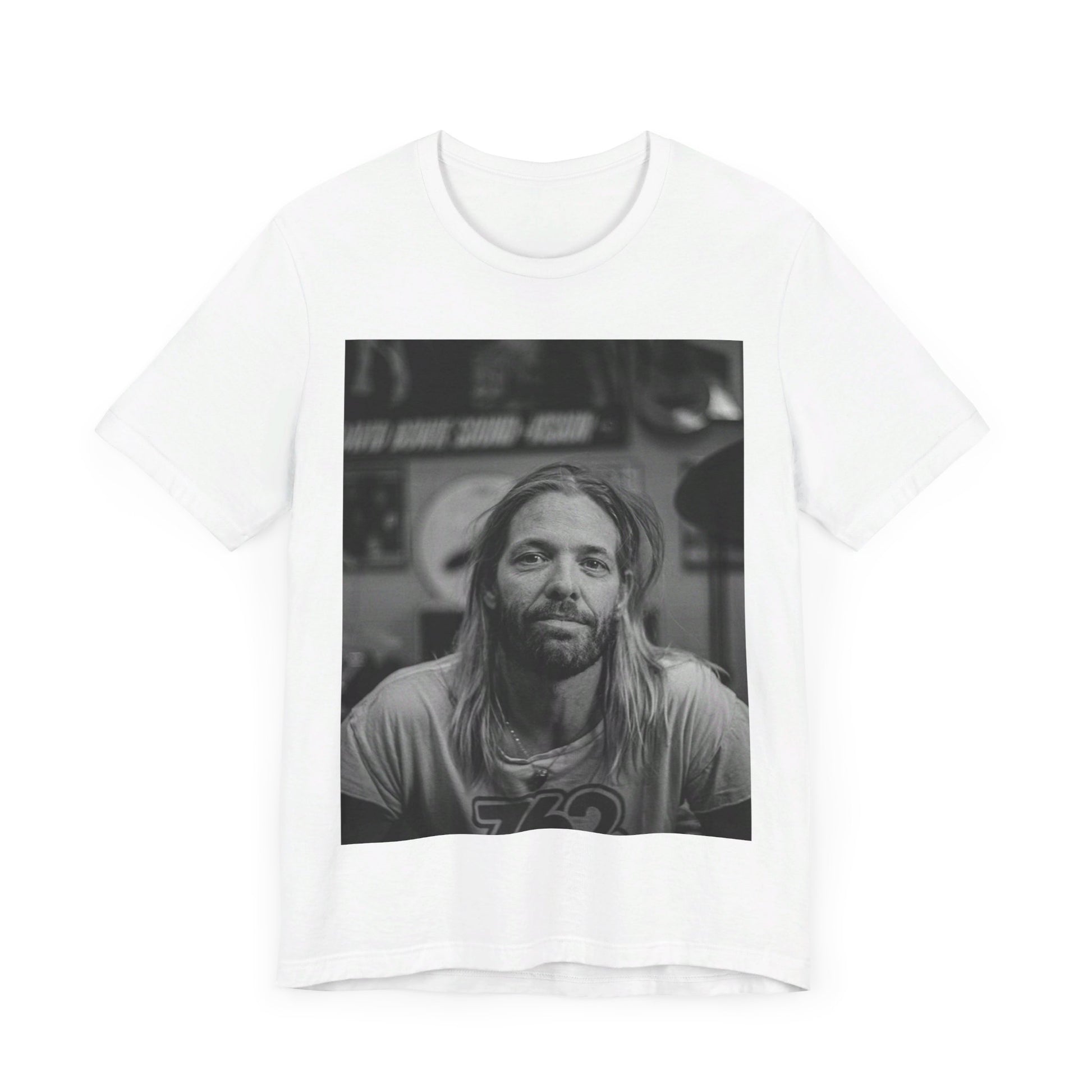 A black graphic t-shirt featuring a tribute graphic for Taylor Hawkins of Foo Fighters.