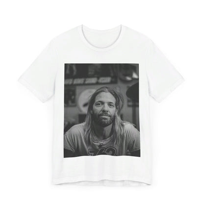 A black graphic t-shirt featuring a tribute graphic for Taylor Hawkins of Foo Fighters.