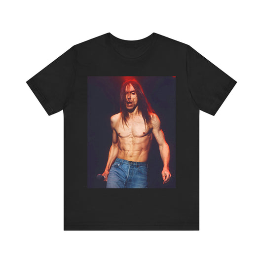 A black graphic t-shirt featuring a graphic related to Iggy Pop's 'Raw Power' era.