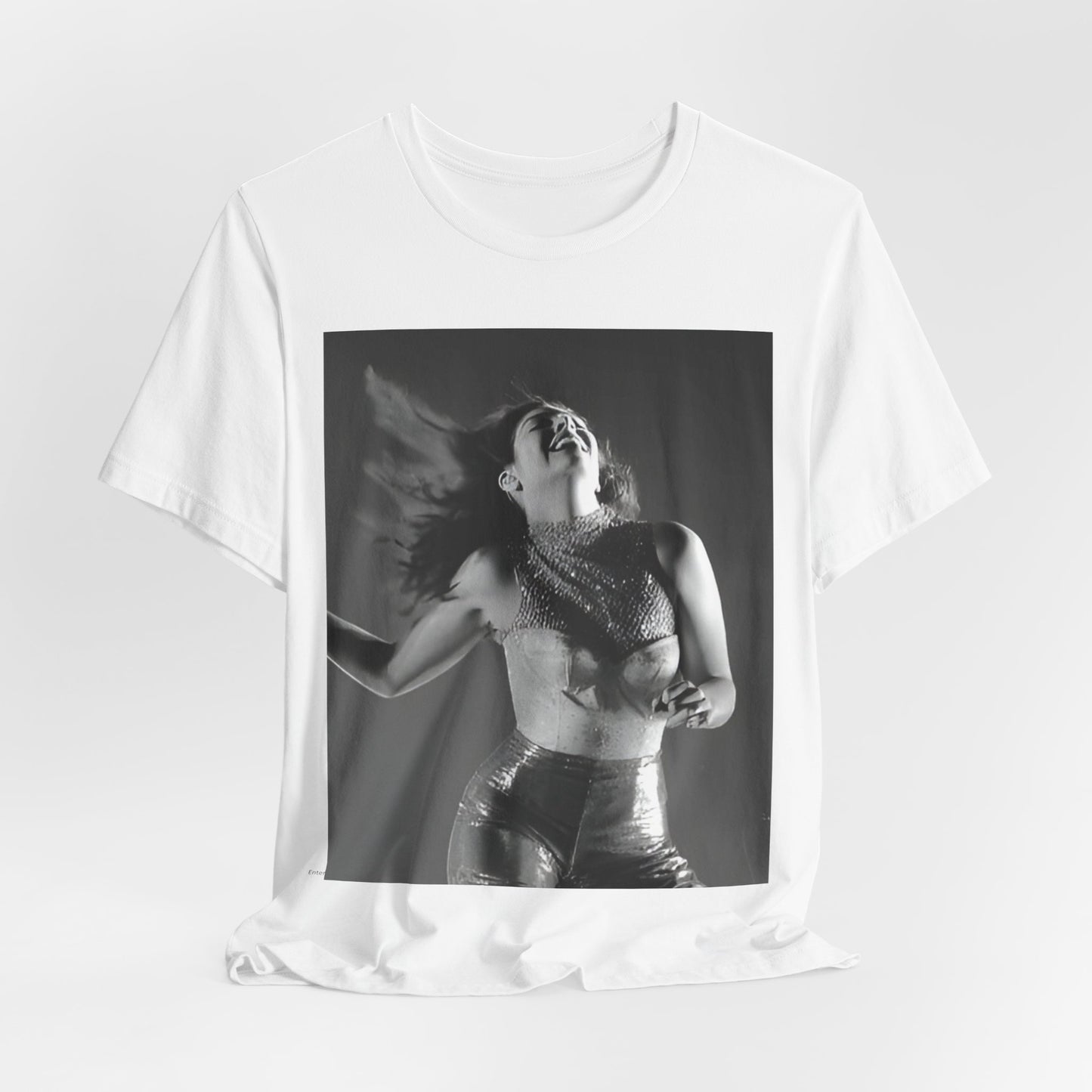 A black graphic t-shirt featuring a black and white, monochrome graphic or portrait of Lorde.