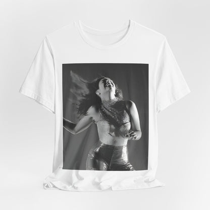 A black graphic t-shirt featuring a black and white, monochrome graphic or portrait of Lorde.
