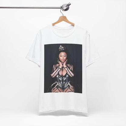 A black graphic t-shirt featuring a vintage graphic of Nicki Minaj as the Queen of Rap.
