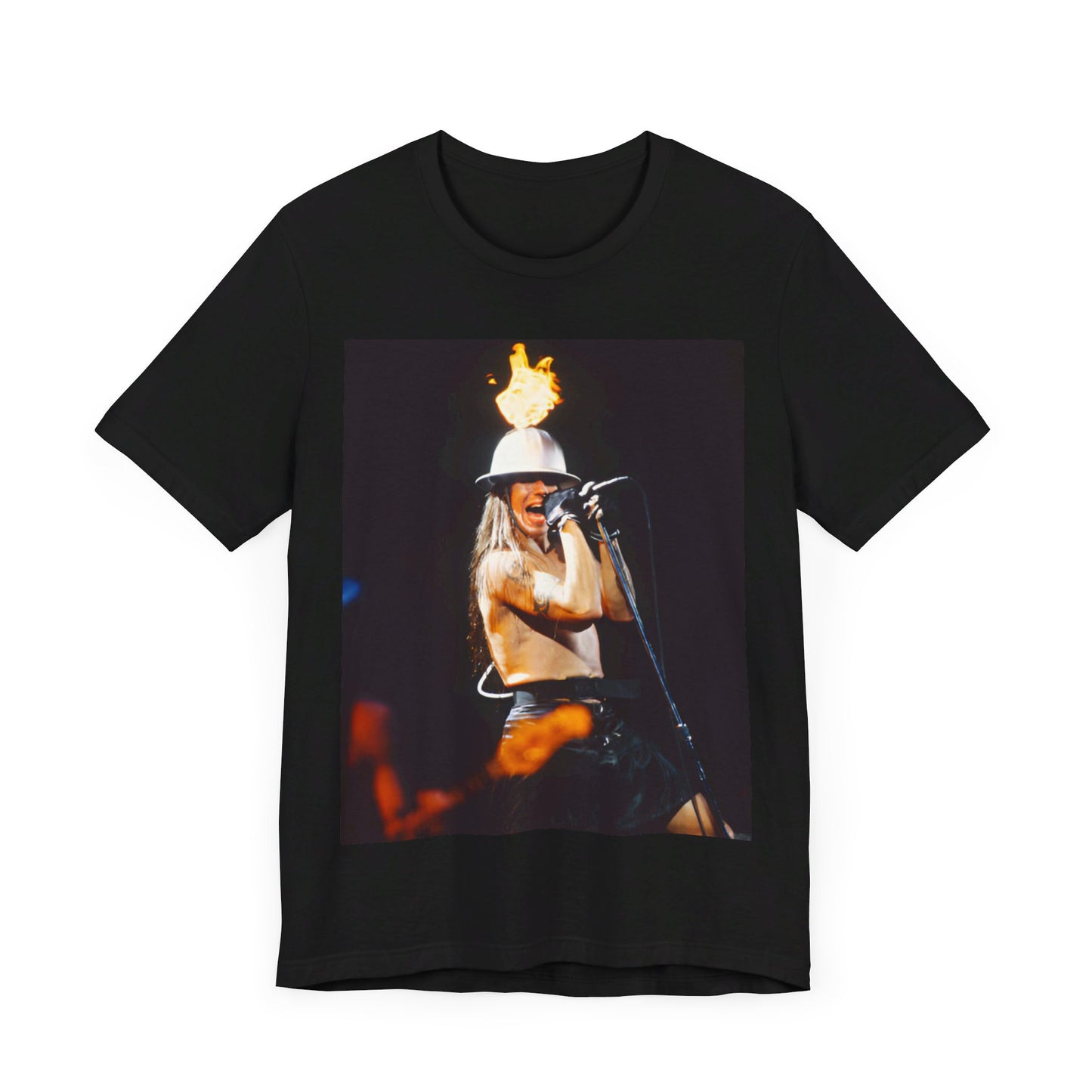 A black graphic t-shirt featuring a graphic of Anthony Kiedis from Red Hot Chili Peppers on tour, depicting wild energy.