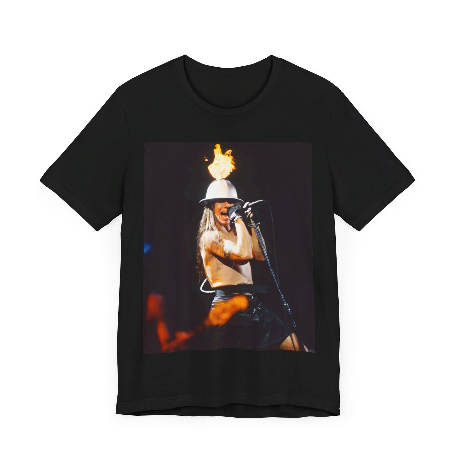 A black graphic t-shirt featuring a graphic of Anthony Kiedis from Red Hot Chili Peppers on tour, depicting wild energy.