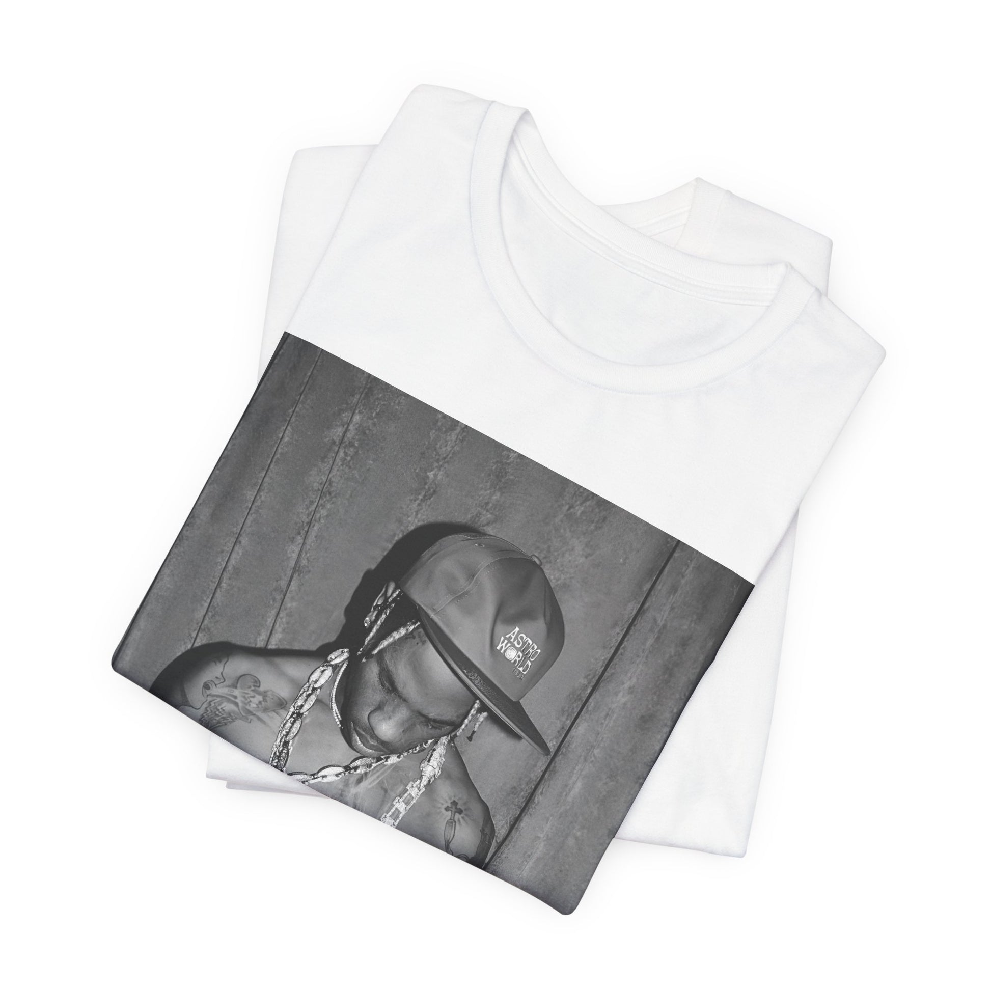 A black graphic t-shirt featuring a graphic of Travis Scott as the Houston rap king.