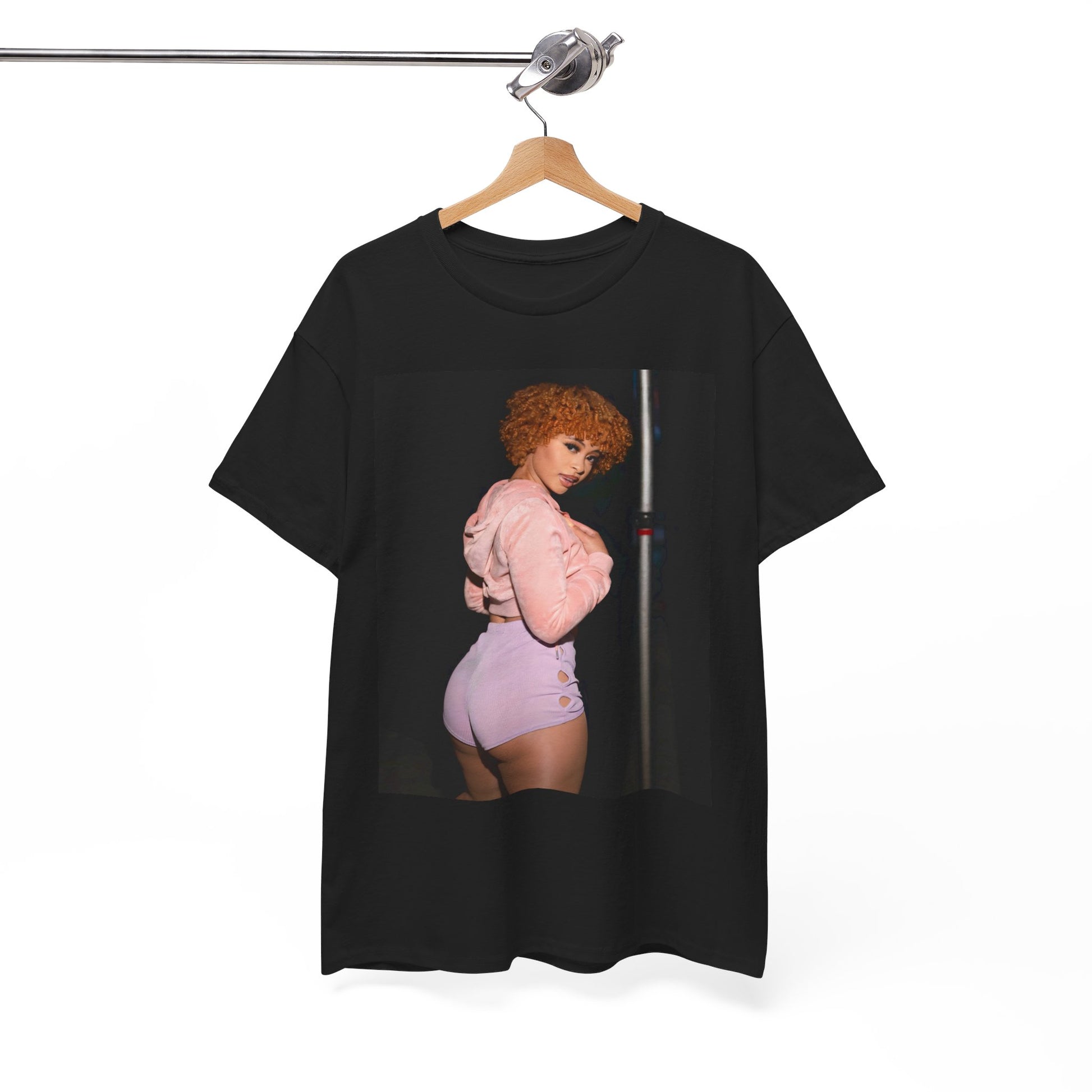 A black graphic t-shirt featuring a retro graphic of Ice Spice with her curly red hair.
