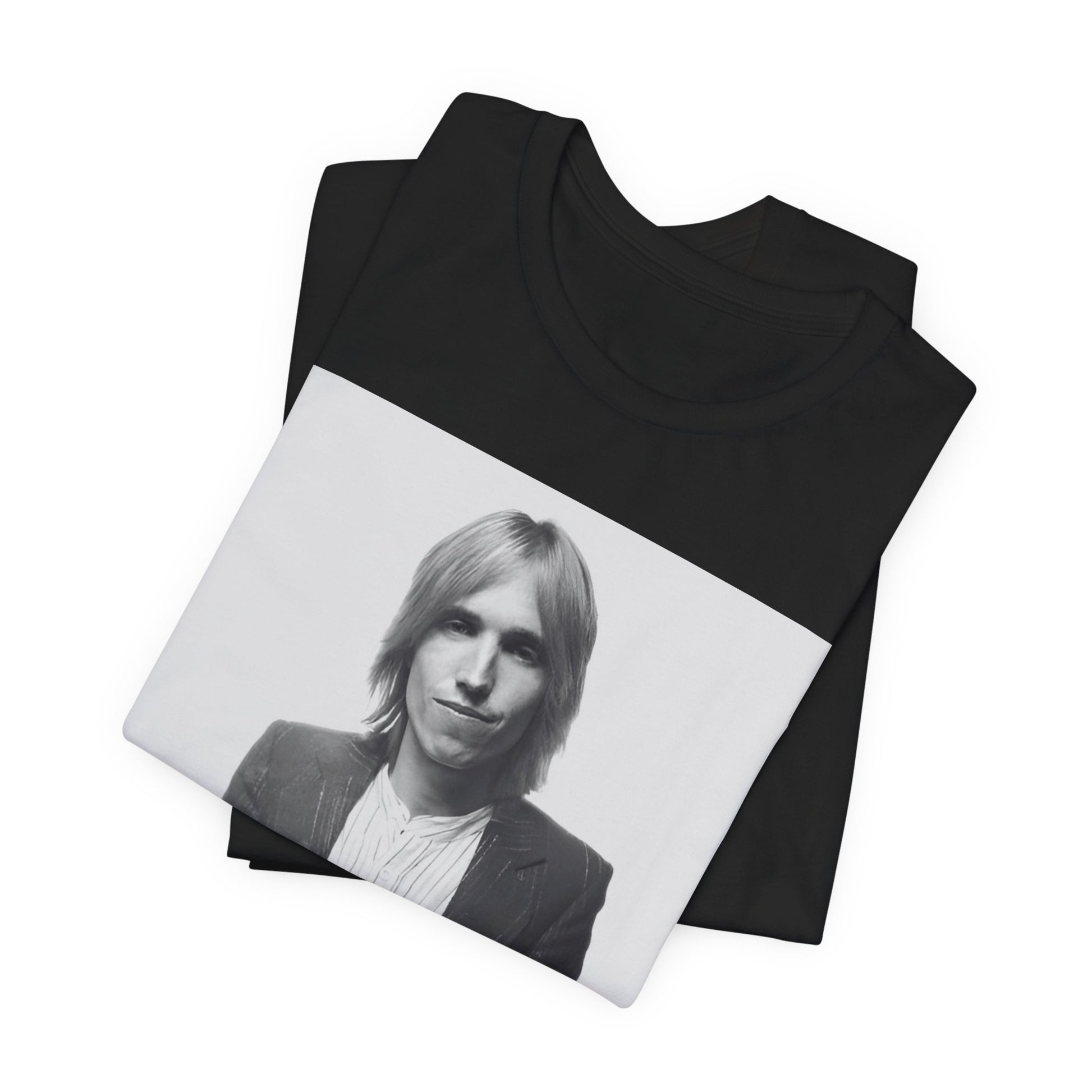A black graphic t-shirt featuring a graphic of Tom Petty with rock legend vibes.